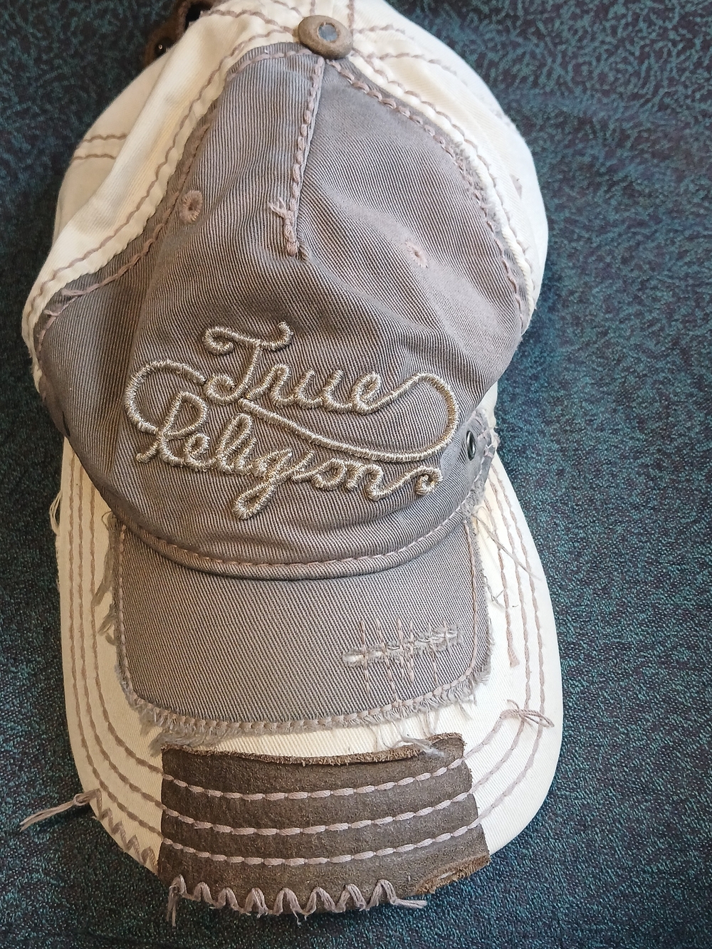 Vintage True Religion Two-Tone Distressed Baseball Cap in Taupe and Cream